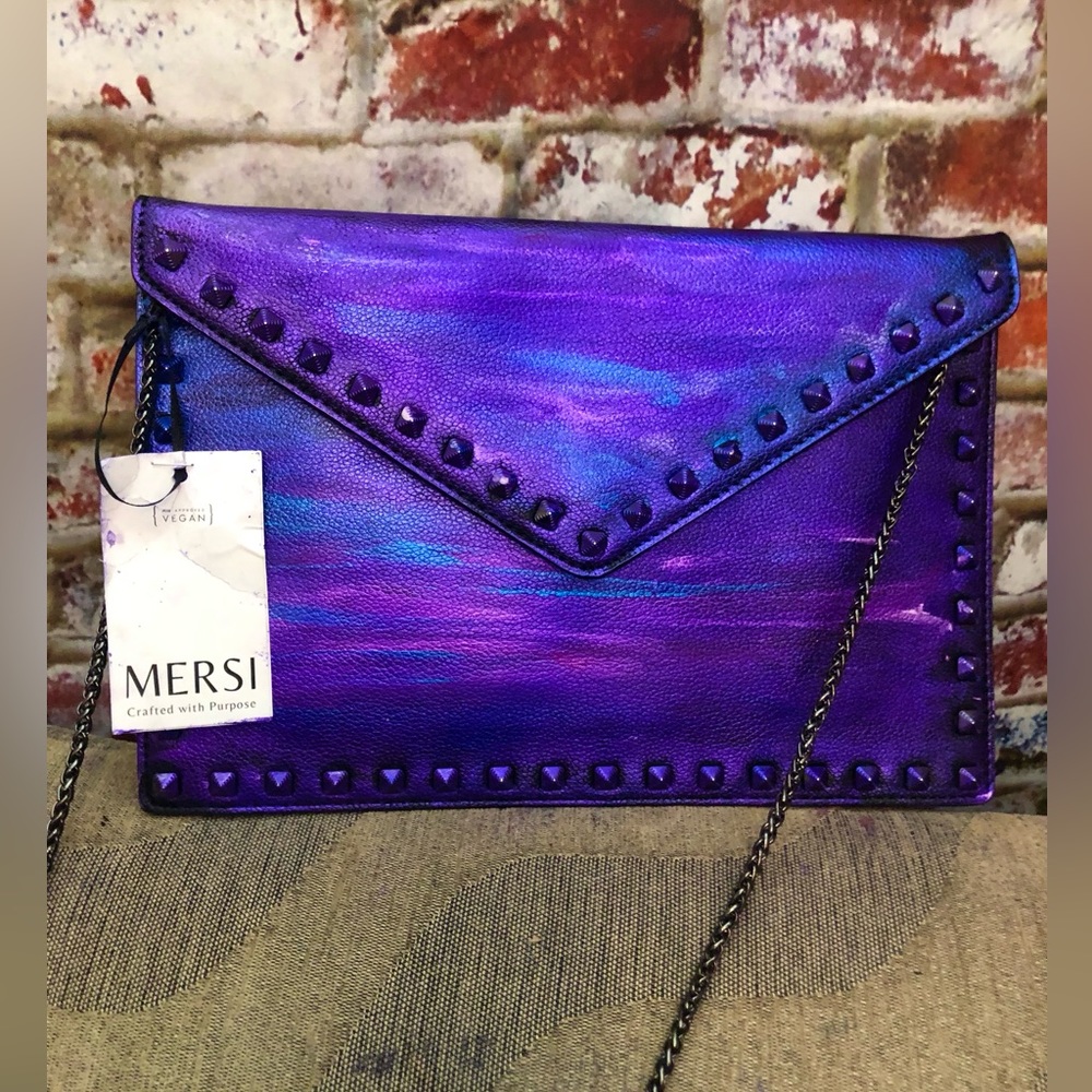 Mersi Vera Metallic Multi Color Studded Envelope Vegan Leather Crossbody Bag